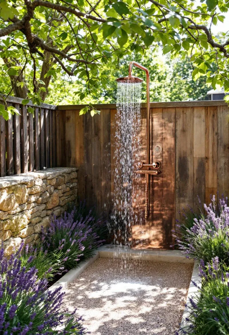 outdoor shower with copper rain chain, gravel base, and lavender borders 1