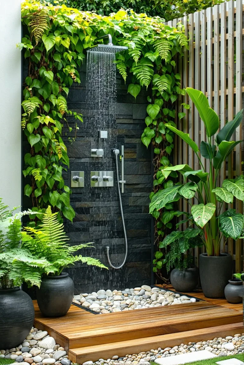 outdoor shower with living green wall and teak decking underfoot 1