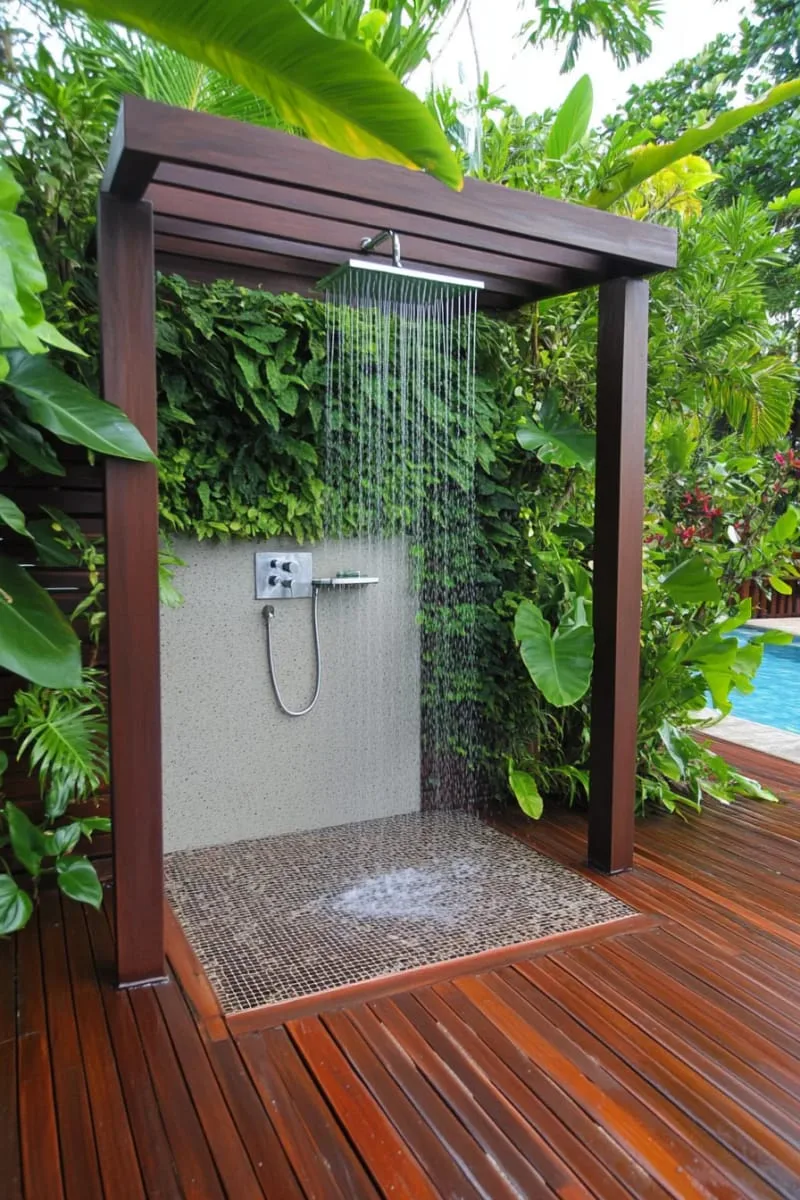 outdoor shower with living green wall and teak decking underfoot 1