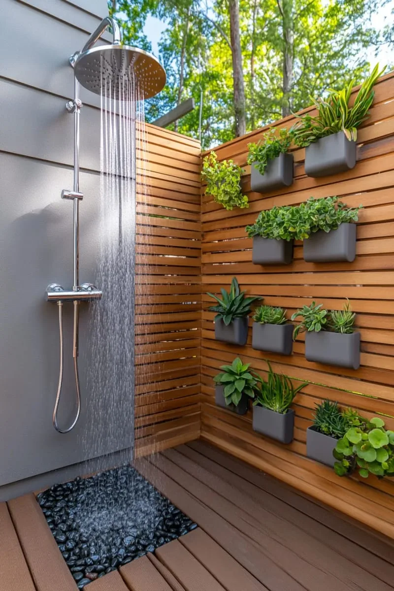 outdoor shower with living green wall and teak decking underfoot 1