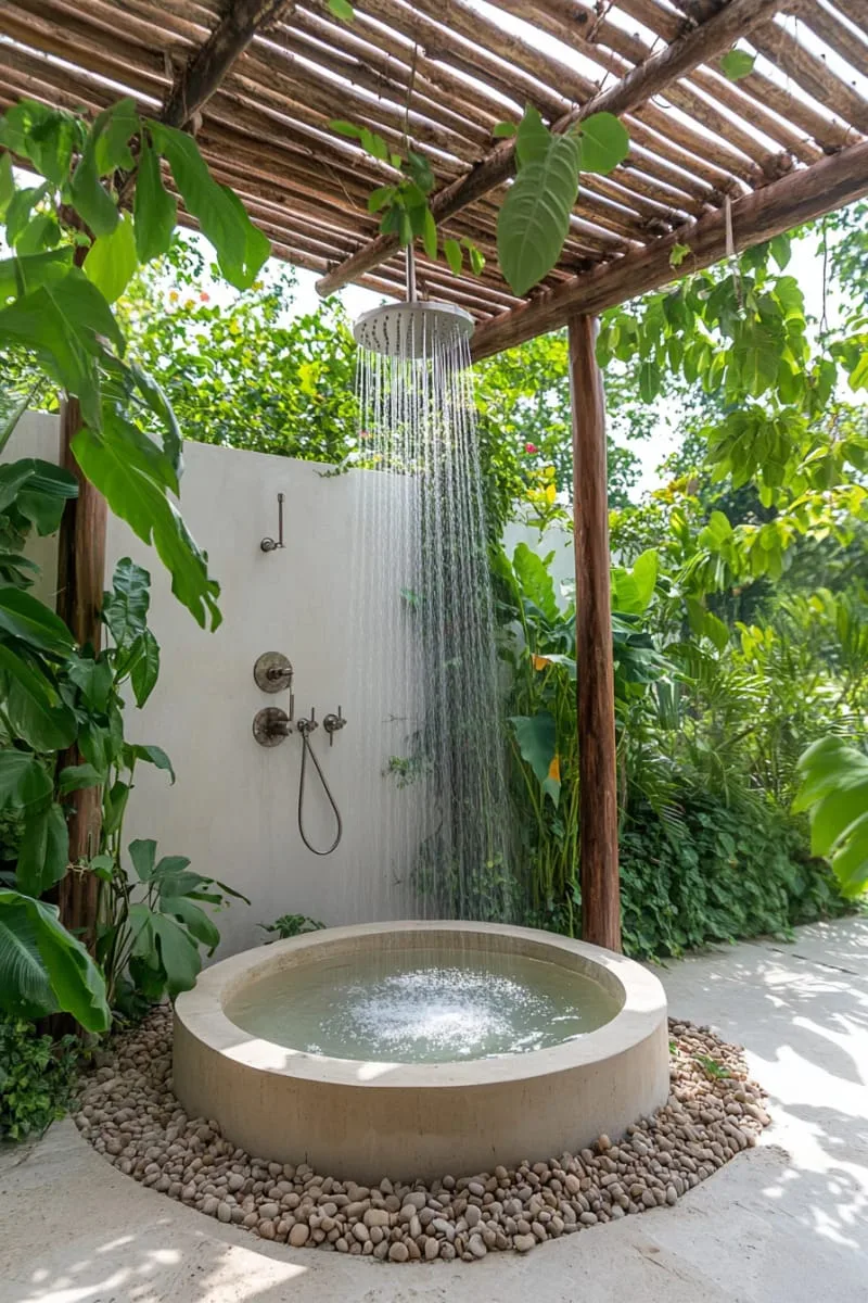 outdoor shower with sunken stone basin and timber pergola roof 1