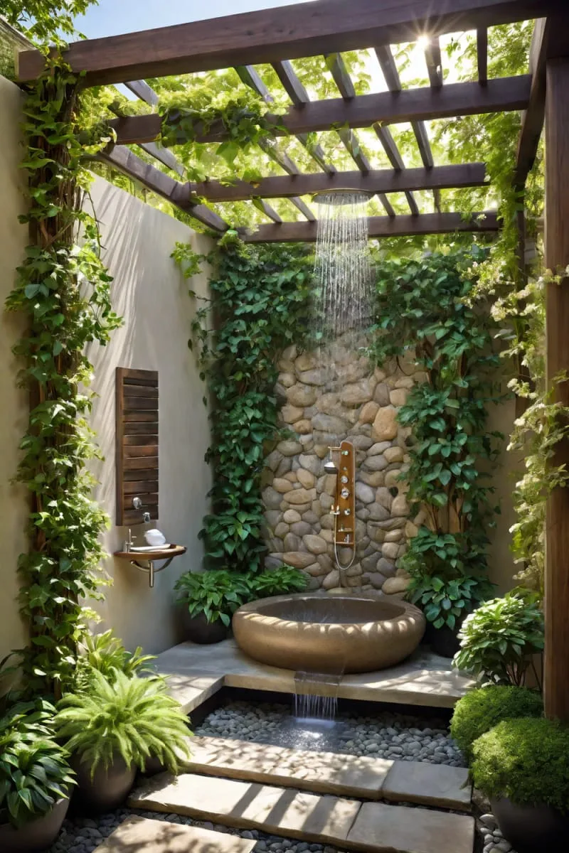 outdoor shower with sunken stone basin and timber pergola roof 1