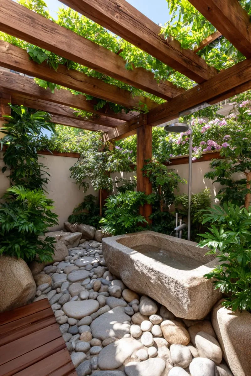outdoor shower with sunken stone basin and timber pergola roof 1