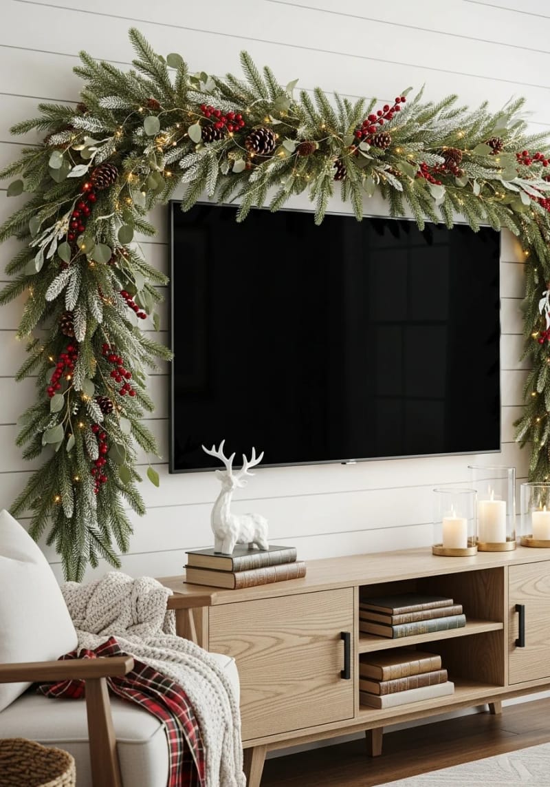 over-the-tv garland with red berries and pinecones 1