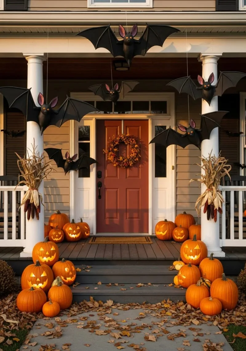 21 Unique Outdoor Halloween Decorations to Try This Year 37 oversized bats swooping from porch rafters toward the front door 1