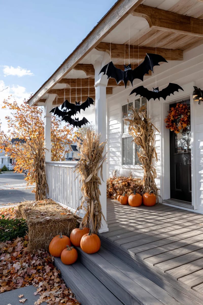 21 Unique Outdoor Halloween Decorations to Try This Year 41 oversized bats swooping from porch rafters toward the front door 1