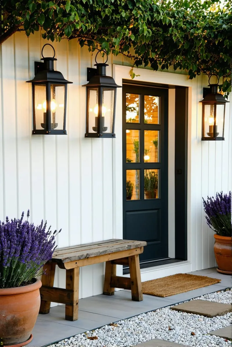 oversized black metal wall lanterns on shiplap siding 1