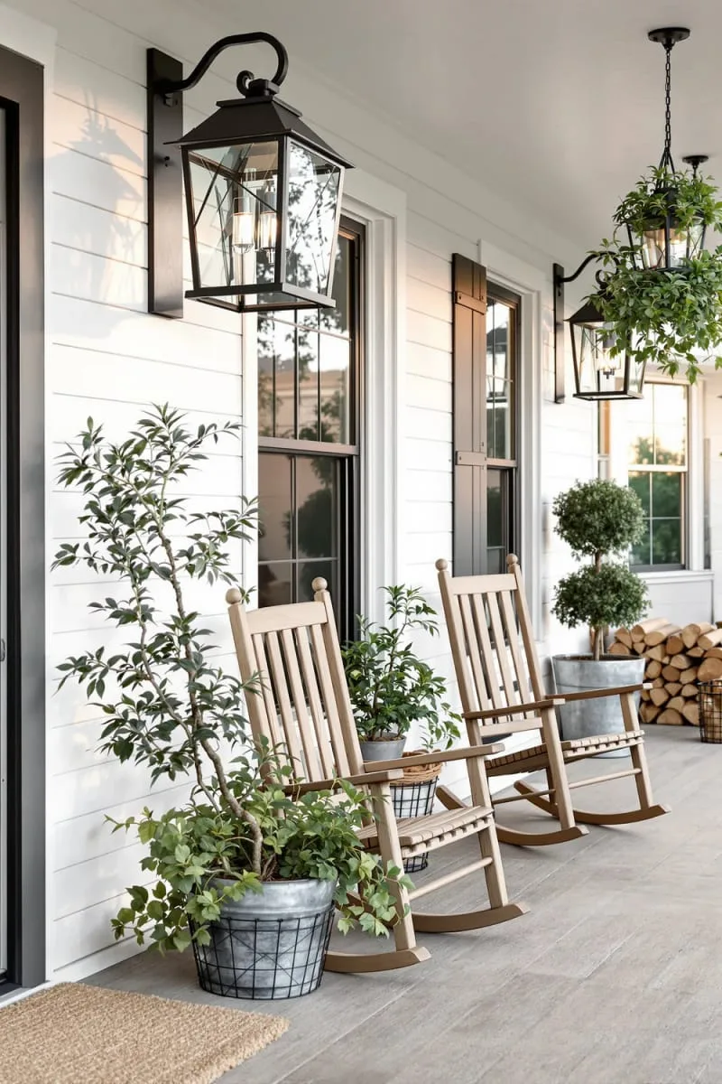oversized black metal wall lanterns on shiplap siding 1