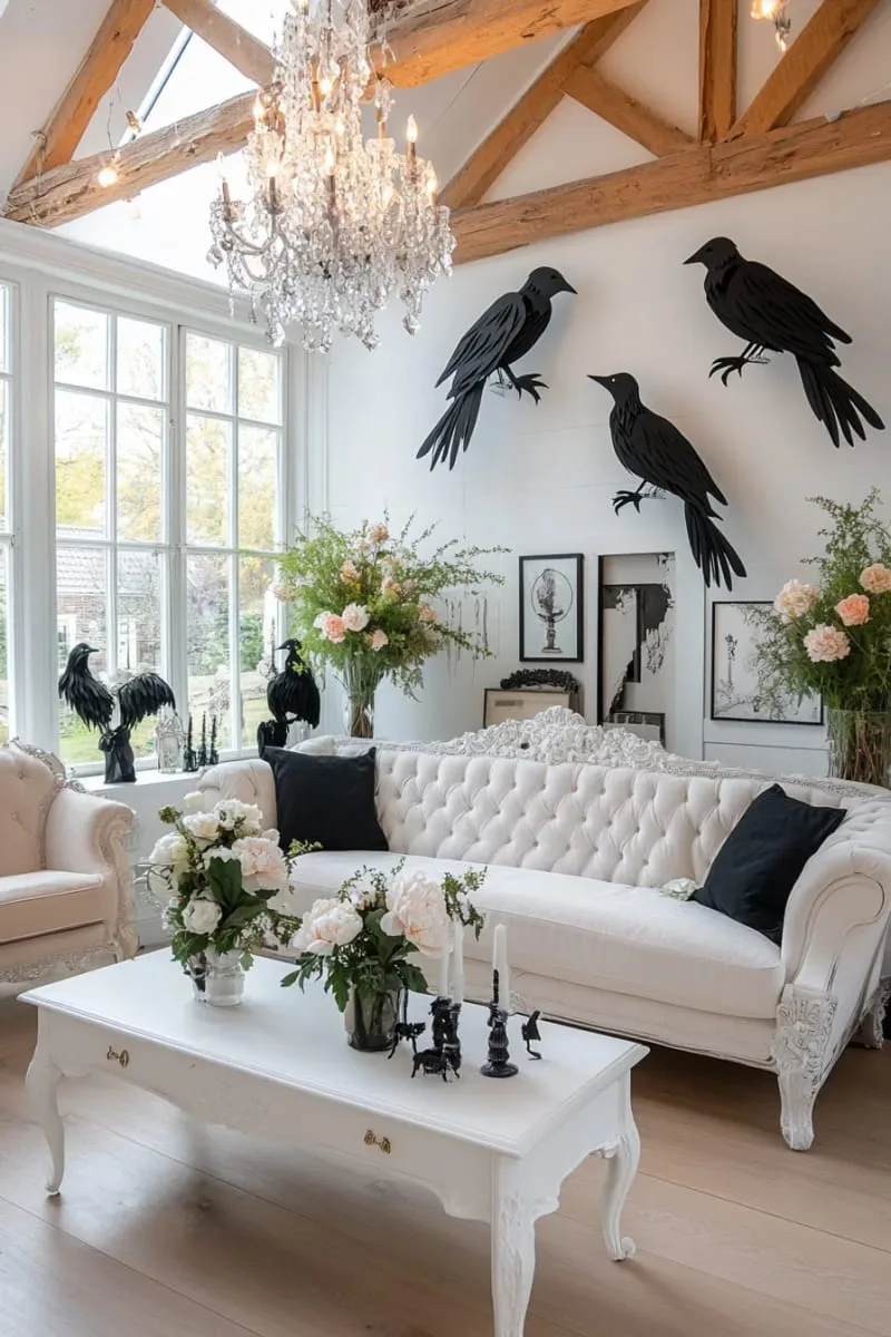 oversized black paper ravens perched on chandeliers and window sills 1