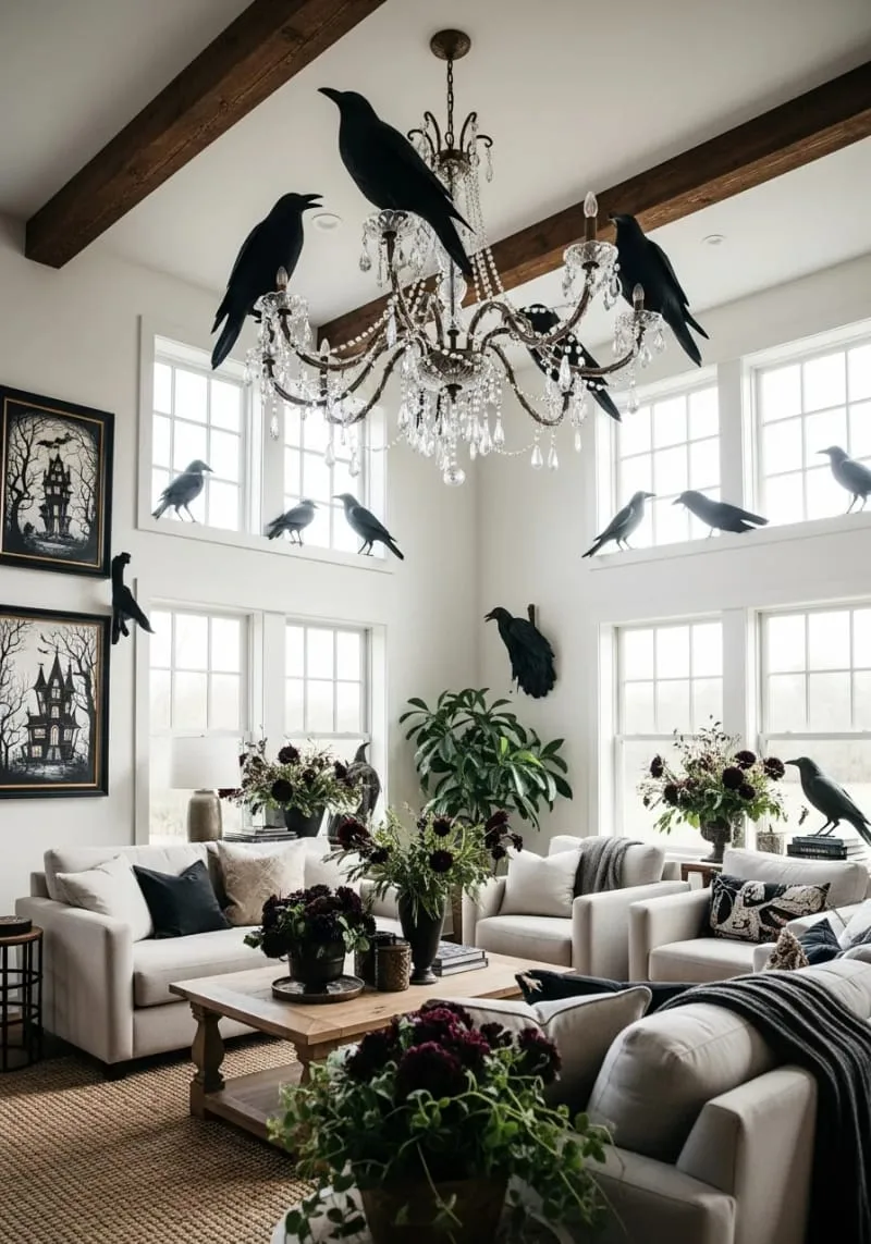 oversized black paper ravens perched on chandeliers and window sills 1