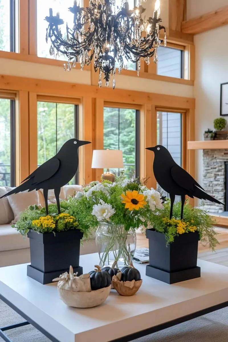 oversized black paper ravens perched on chandeliers and window sills 1