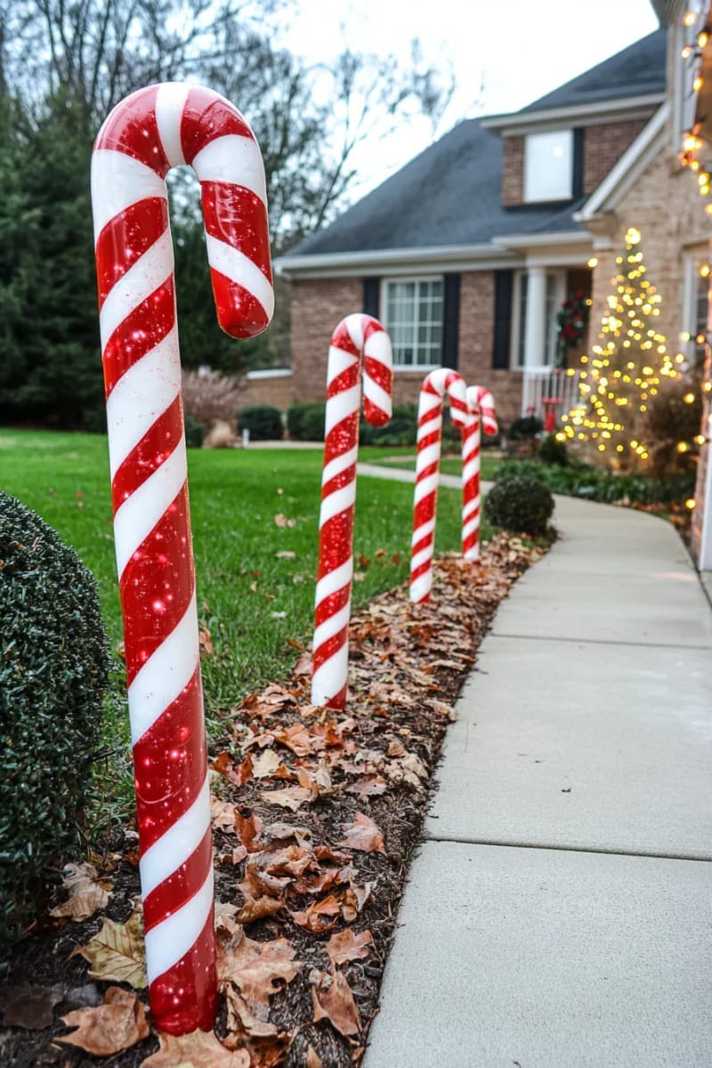 31 Outdoor Christmas Decorations: Ideas for a Magical Welcome 28 oversized candy canes and peppermint sticks by the walkway 1