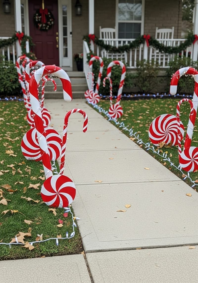 31 Outdoor Christmas Decorations: Ideas for a Magical Welcome 29 oversized candy canes and peppermint sticks by the walkway 1