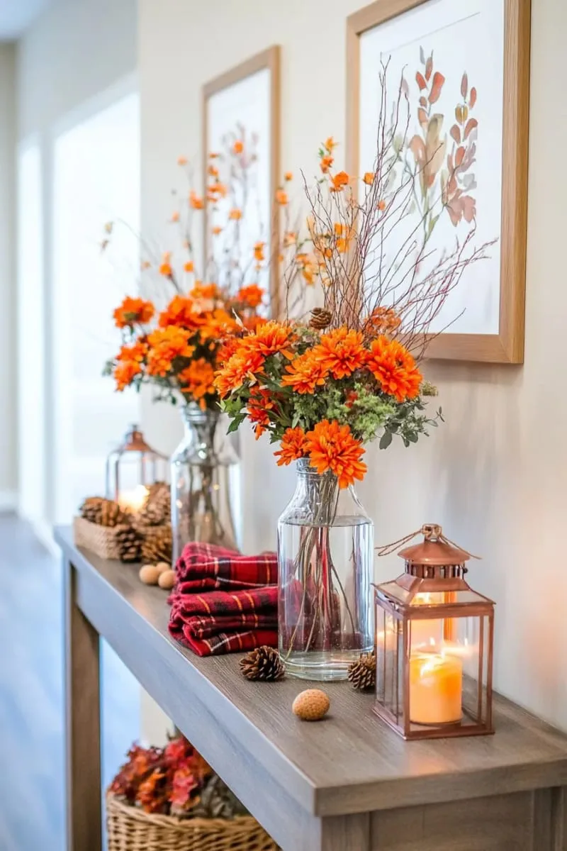 oversized glass vases of orange mums and crimson branches 1