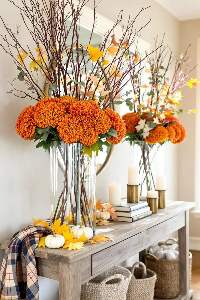 oversized glass vases of orange mums and crimson branches 1