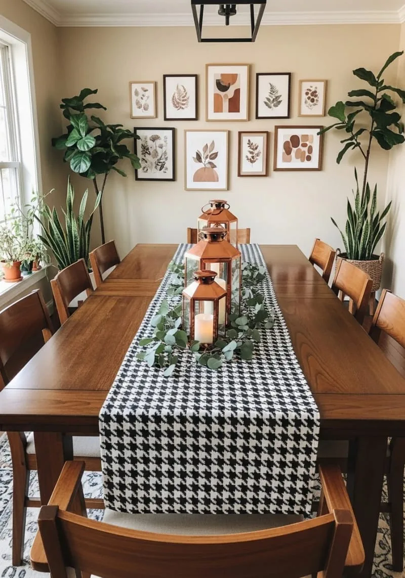 oversized houndstooth table runner with copper lanterns and eucalyptus 1