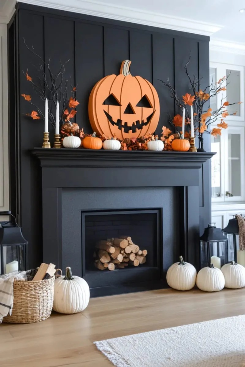 oversized jack-o’-lantern face above mantle with scattered mini pumpkins and candles 1