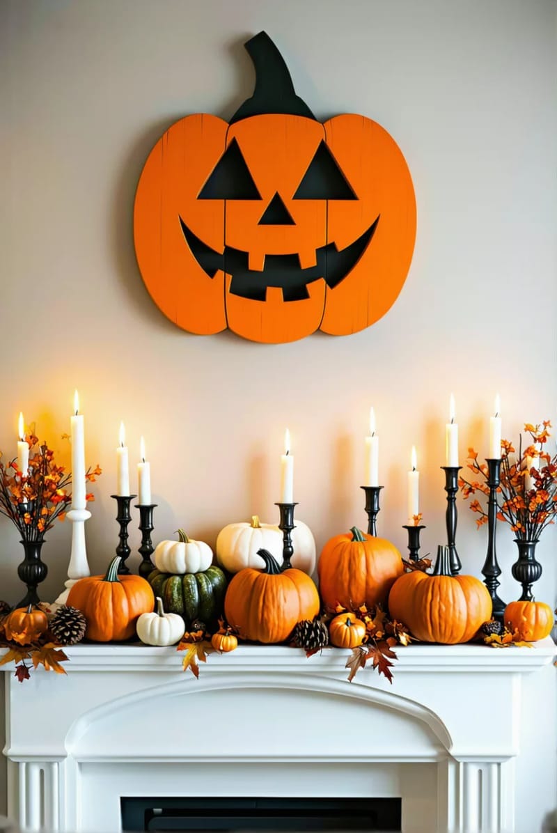 oversized jack-o’-lantern face above mantle with scattered mini pumpkins and candles 1