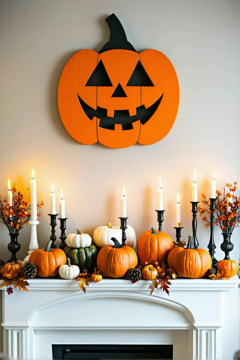 oversized jack-o’-lantern face above mantle with scattered mini pumpkins and candles 1