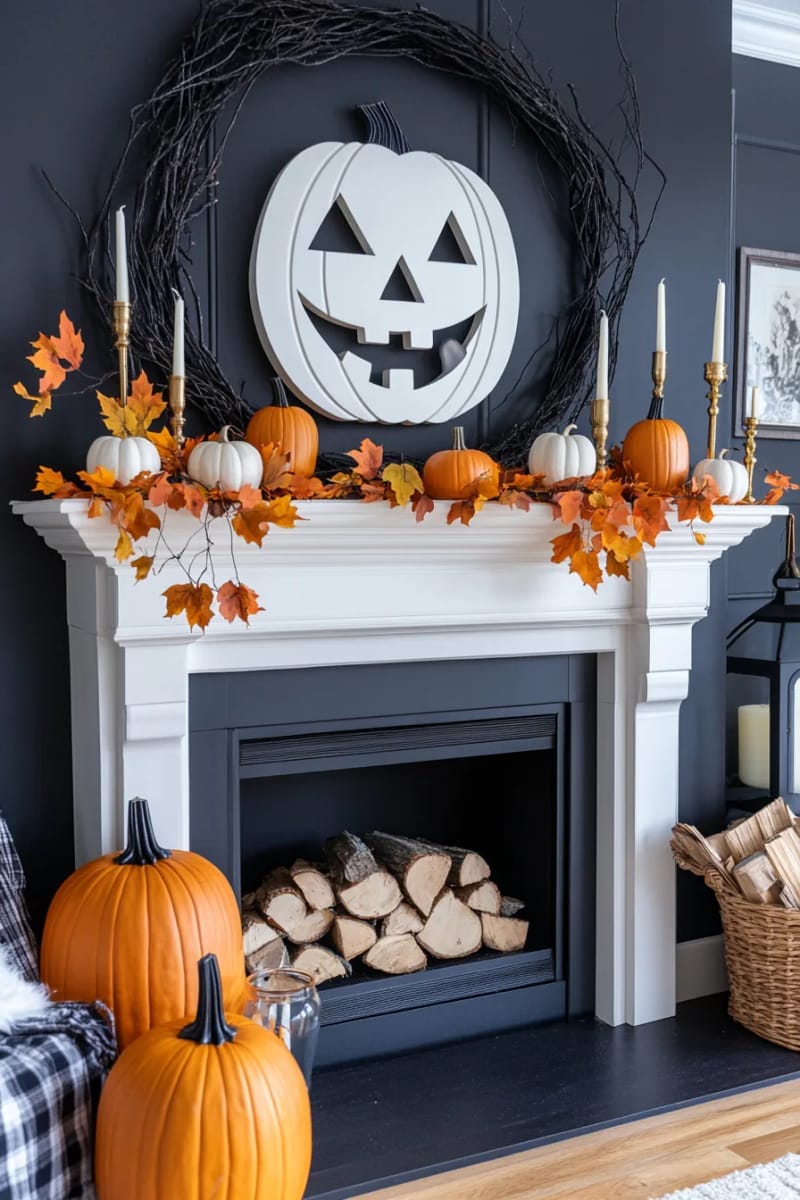 oversized jack-o’-lantern face above mantle with scattered mini pumpkins and candles 1