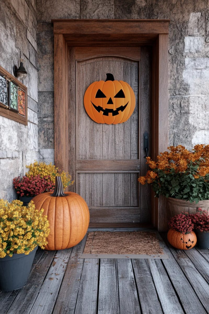 oversized jack-o’-lantern face glowing on front door 1