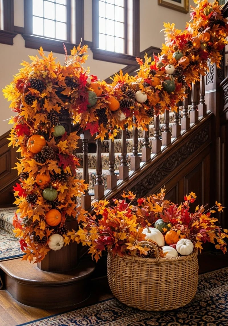 oversized leaf garland wrapped around staircase banisters 1