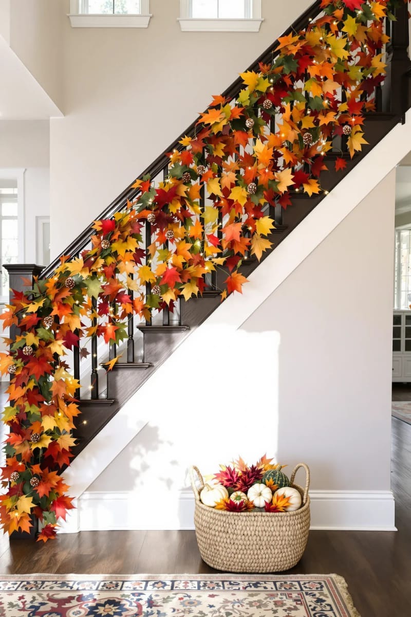 oversized leaf garland wrapped around staircase banisters 1