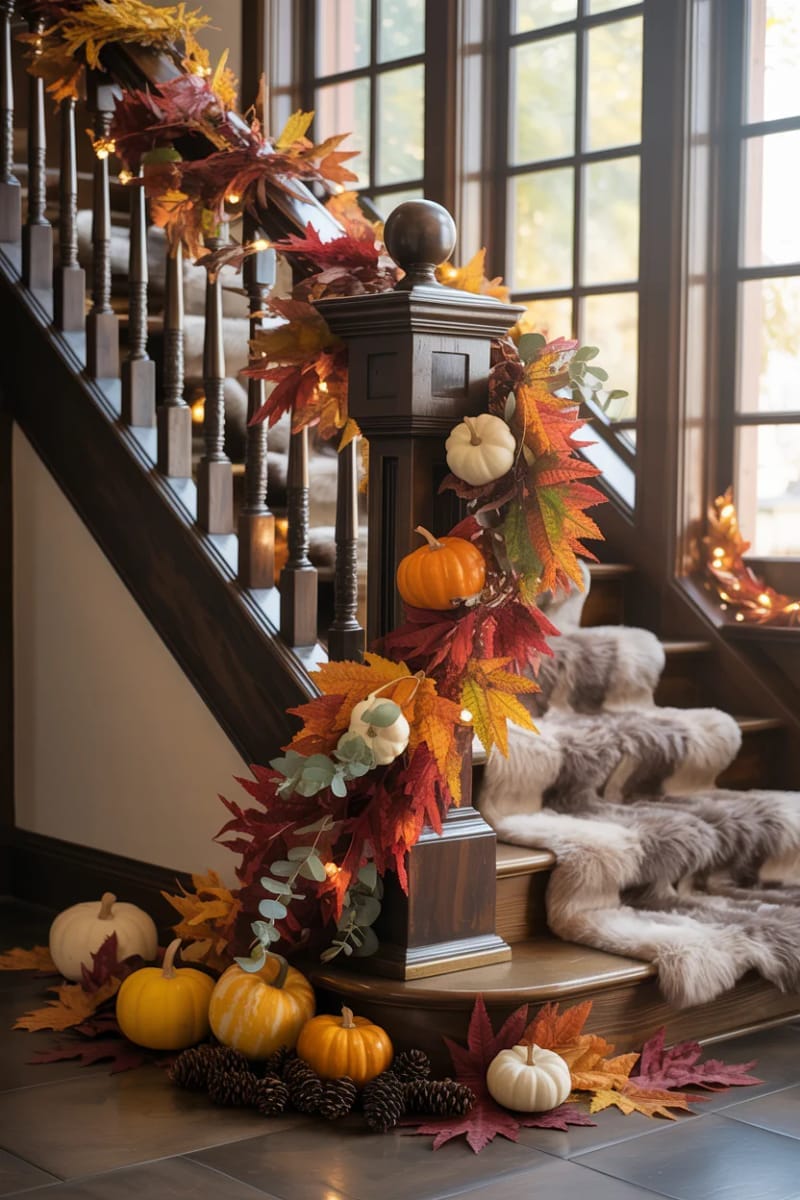 oversized leaf garland wrapped around staircase banisters 1