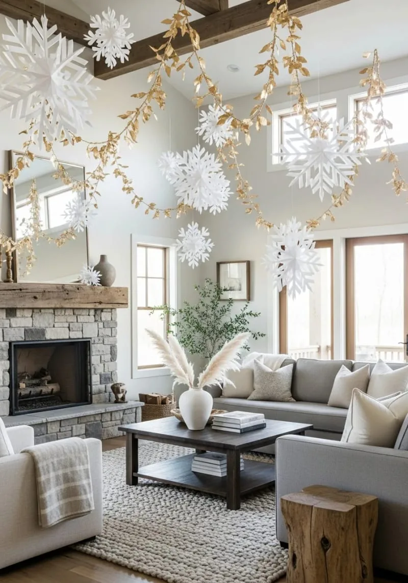 oversized paper snowflakes mixed with golden leaf garlands 1 oversized paper snowflakes mixed with golden leaf garlands 1