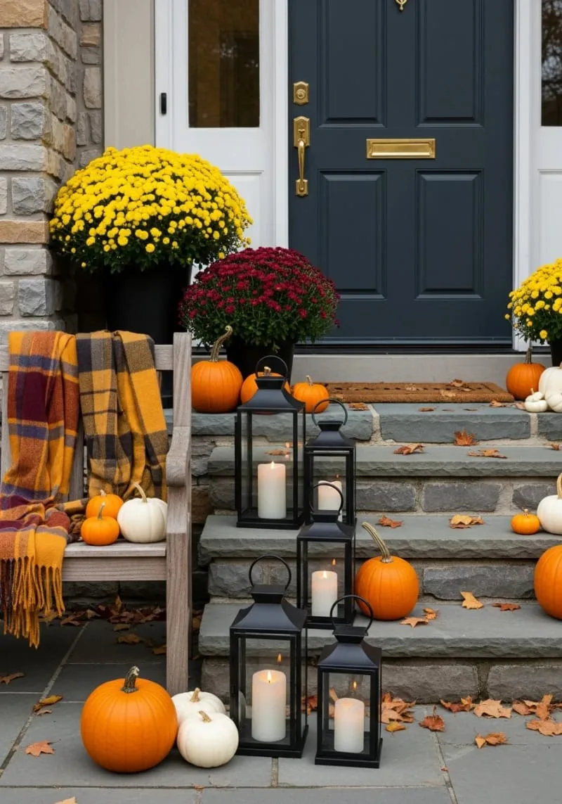 oversized plaid scarves draped over benches with lanterns 1 oversized plaid scarves draped over benches with lanterns 1