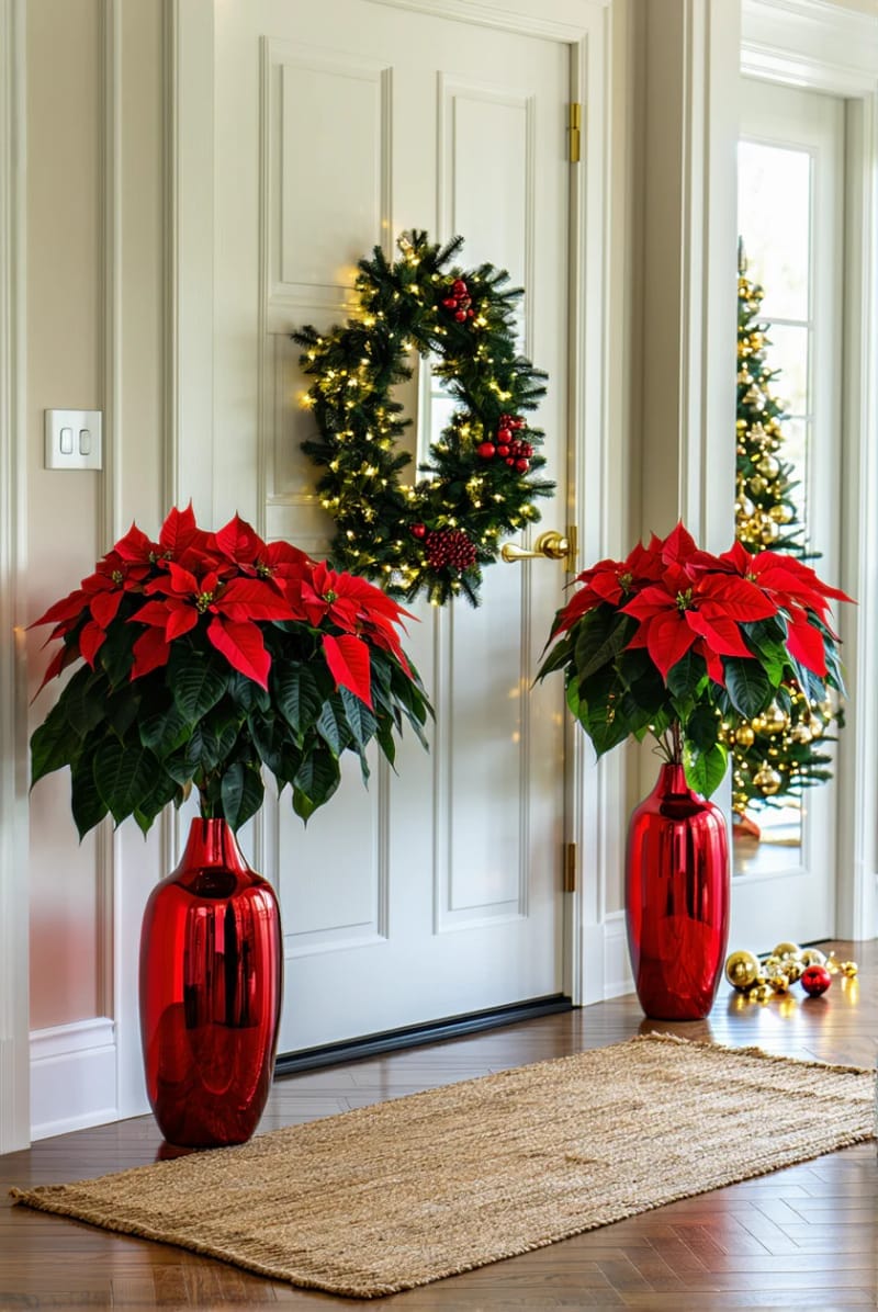 oversized poinsettia bouquets in shiny red planters for the entryway 1