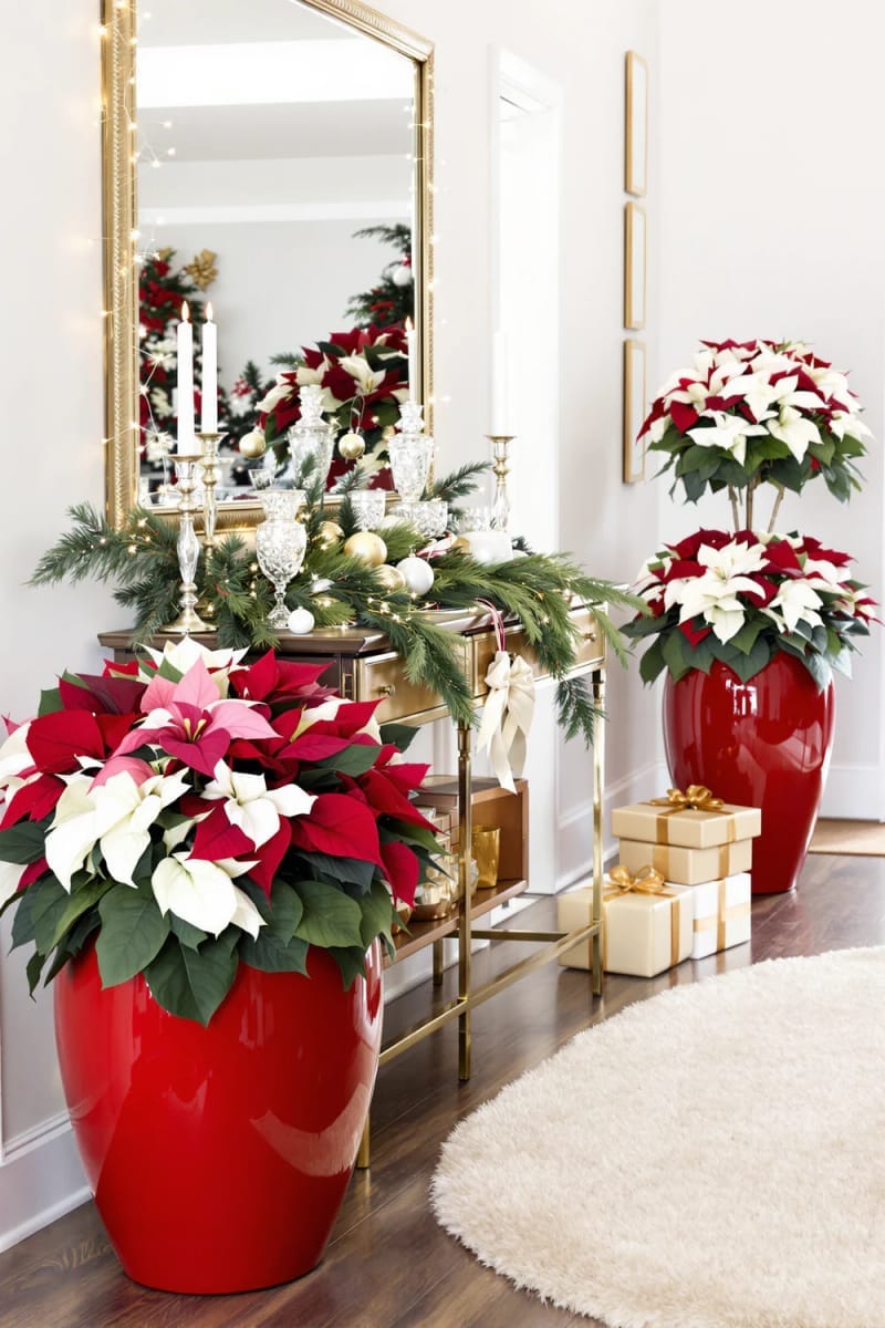 oversized poinsettia bouquets in shiny red planters for the entryway 1