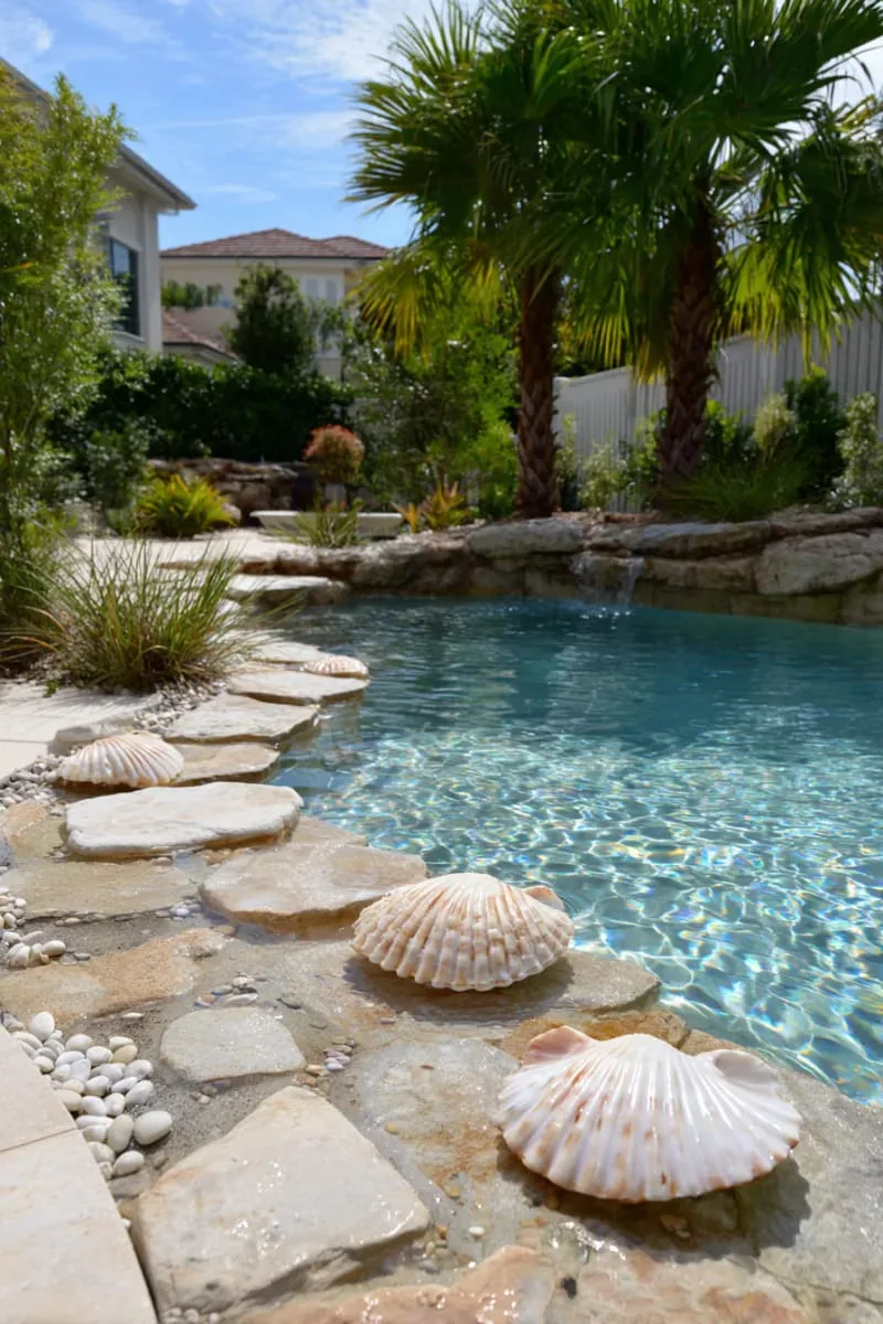 oversized seashell stepping stones set in the gradual entry 1