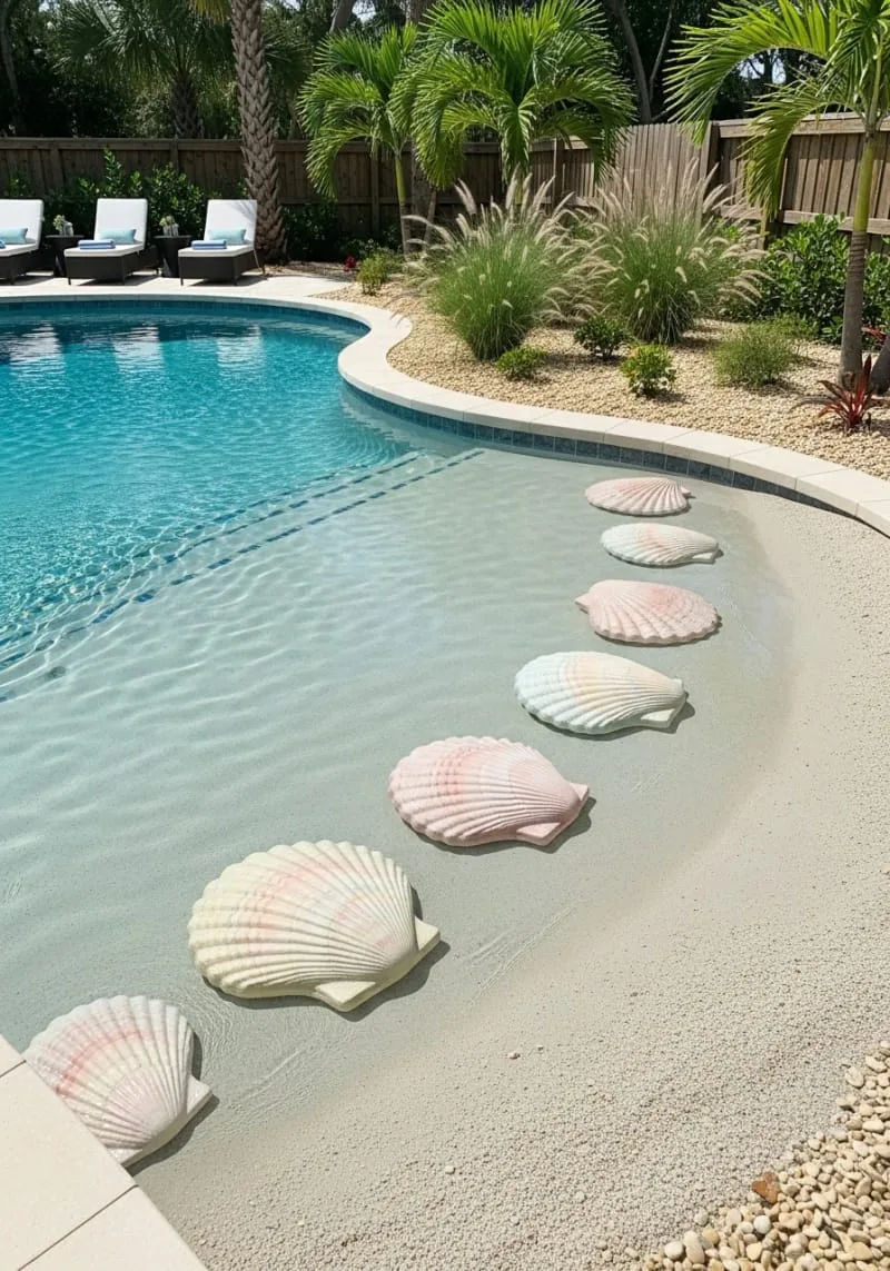 oversized seashell stepping stones set in the gradual entry 1