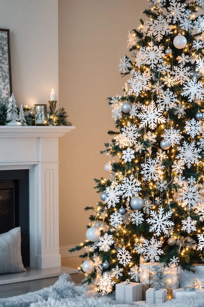 31 Dreamy Christmas Tree Decorations for a Unique Festive Touch 35 oversized snowflake ornaments with twinkling fairy lights for dreamy winter sparkle 1