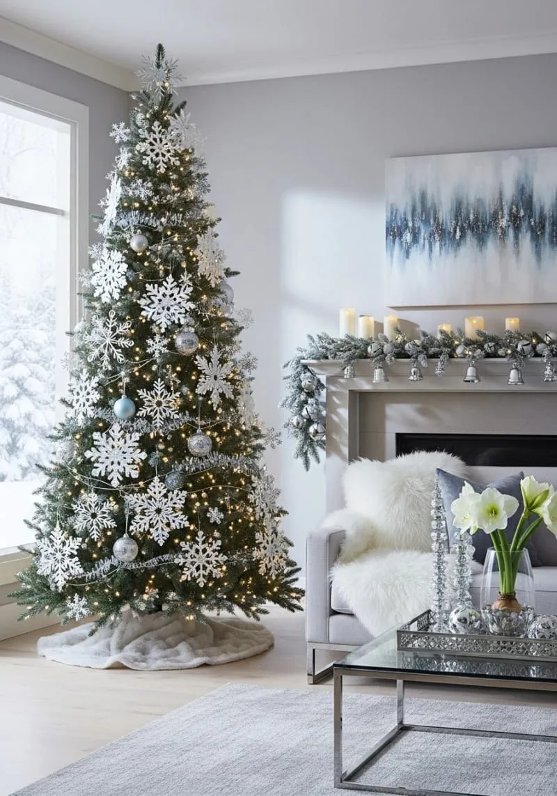 31 Dreamy Christmas Tree Decorations for a Unique Festive Touch 36 oversized snowflake ornaments with twinkling fairy lights for dreamy winter sparkle 1