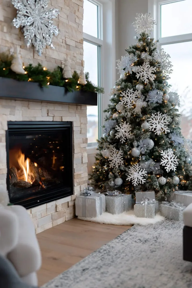 31 Dreamy Christmas Tree Decorations for a Unique Festive Touch 37 oversized snowflake ornaments with twinkling fairy lights for dreamy winter sparkle 1
