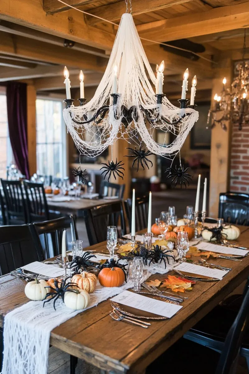oversized spiderweb chandelier with dangling plastic spiders overhead 1