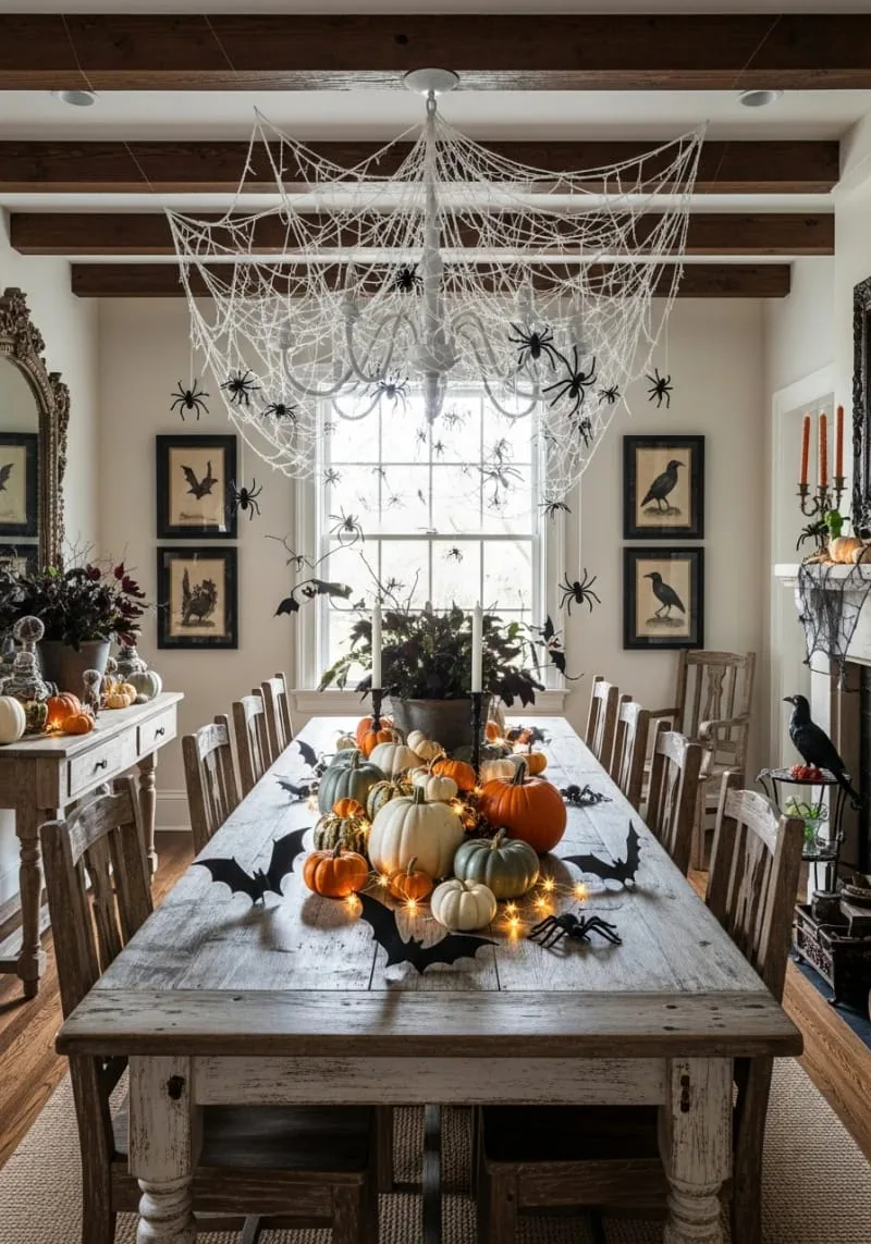 oversized spiderweb chandelier with dangling plastic spiders overhead 1
