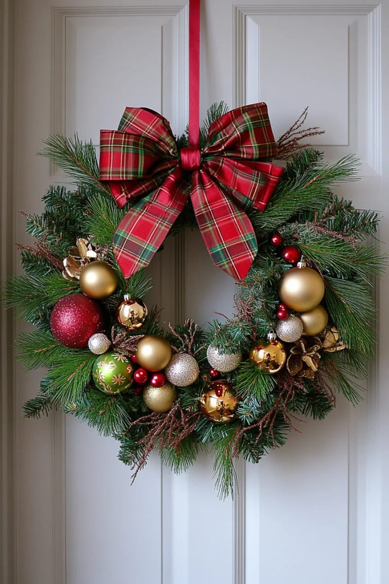 31 Elegant Christmas Decorations: Ideas to Try This Season 11 oversized tartan wreath with gold baubles and dramatic red ribbon 1