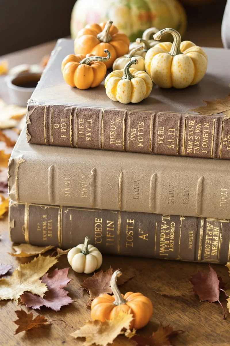 oversized vintage books topped with tiny gourds 1 oversized vintage books topped with tiny gourds 1