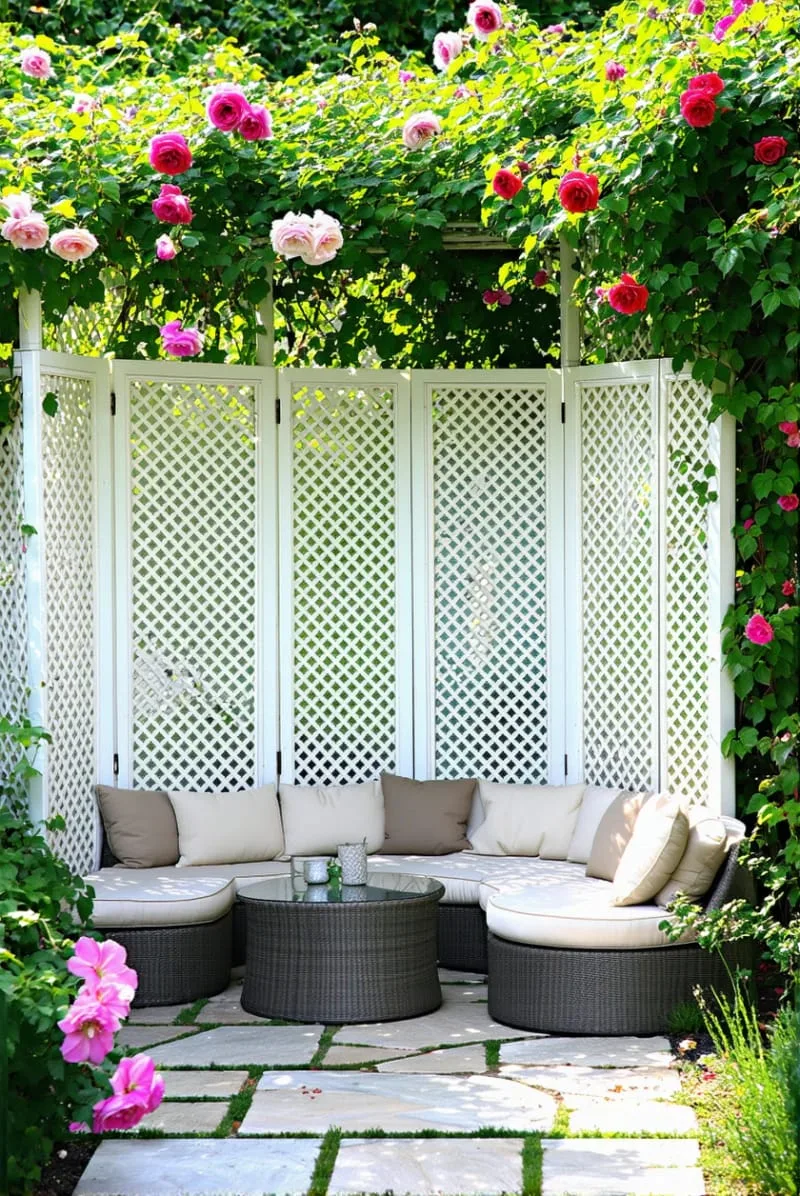 27 Unique Backyard Privacy Designs for A Serene Outdoor Oasis 7 painted lattice screens with climbing roses or clematis 1