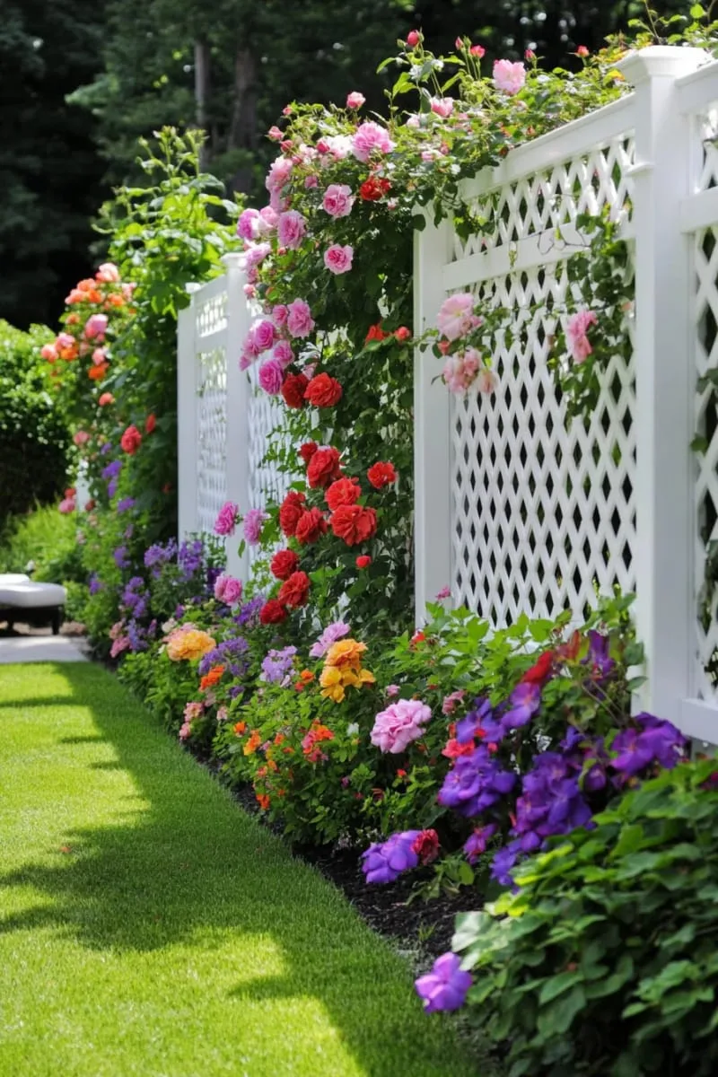 27 Unique Backyard Privacy Designs for A Serene Outdoor Oasis 8 painted lattice screens with climbing roses or clematis 1