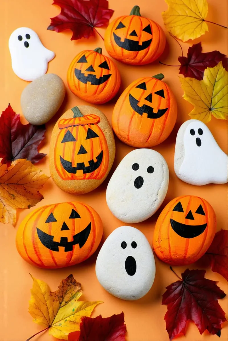 painted rock pumpkins and ghosts arranged as tabletop decor 1