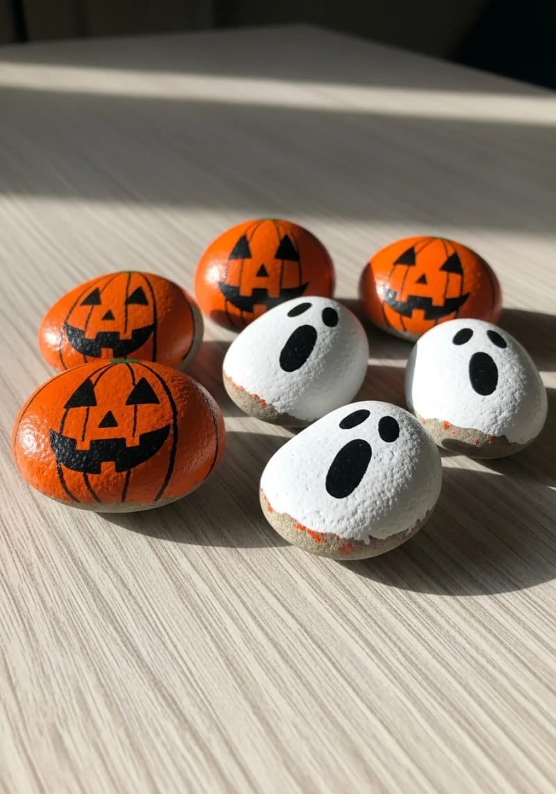 21 Simple Halloween Decorations for an Easy Seasonal Touch 106 painted rock pumpkins and ghosts arranged as tabletop decor 1
