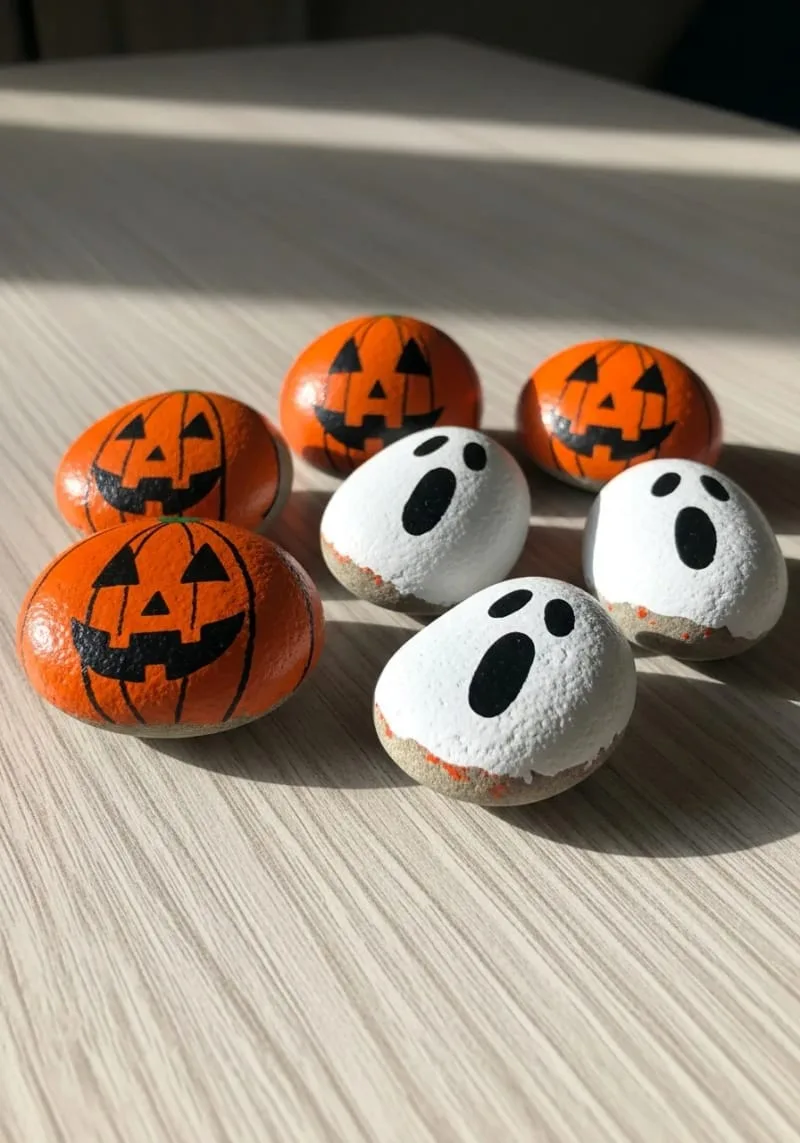 painted rock pumpkins and ghosts arranged as tabletop decor 1