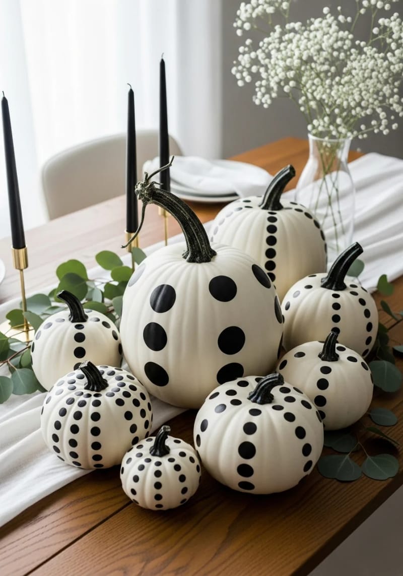 21 Simple Halloween Decorations for an Easy Seasonal Touch 57 painted white pumpkins with black polka dots for chic, not spooky decor 1