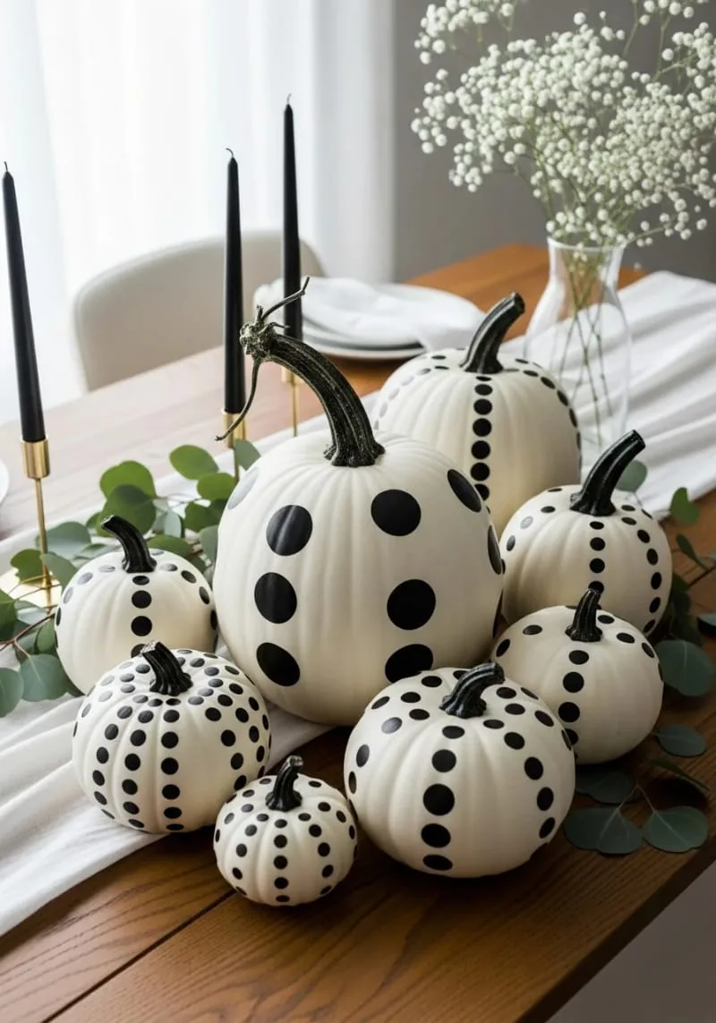 painted white pumpkins with black polka dots for chic, not spooky decor 1