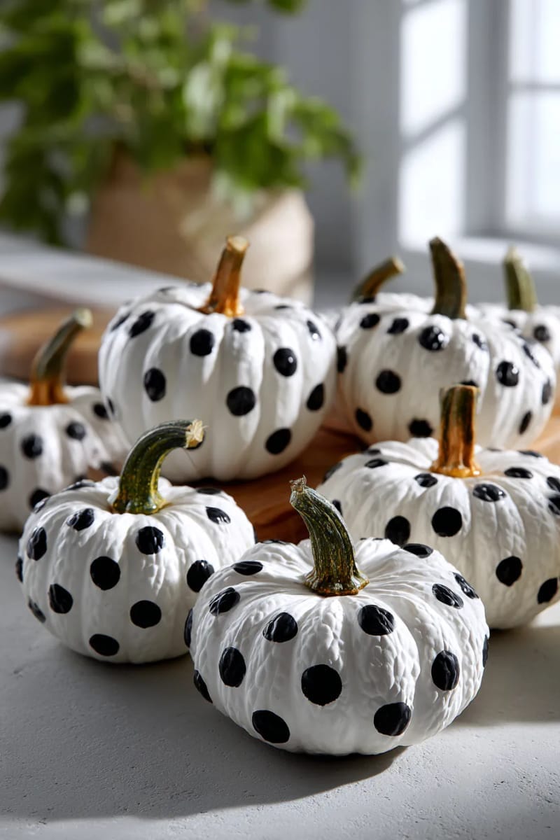 21 Simple Halloween Decorations for an Easy Seasonal Touch 58 painted white pumpkins with black polka dots for chic, not spooky decor 1