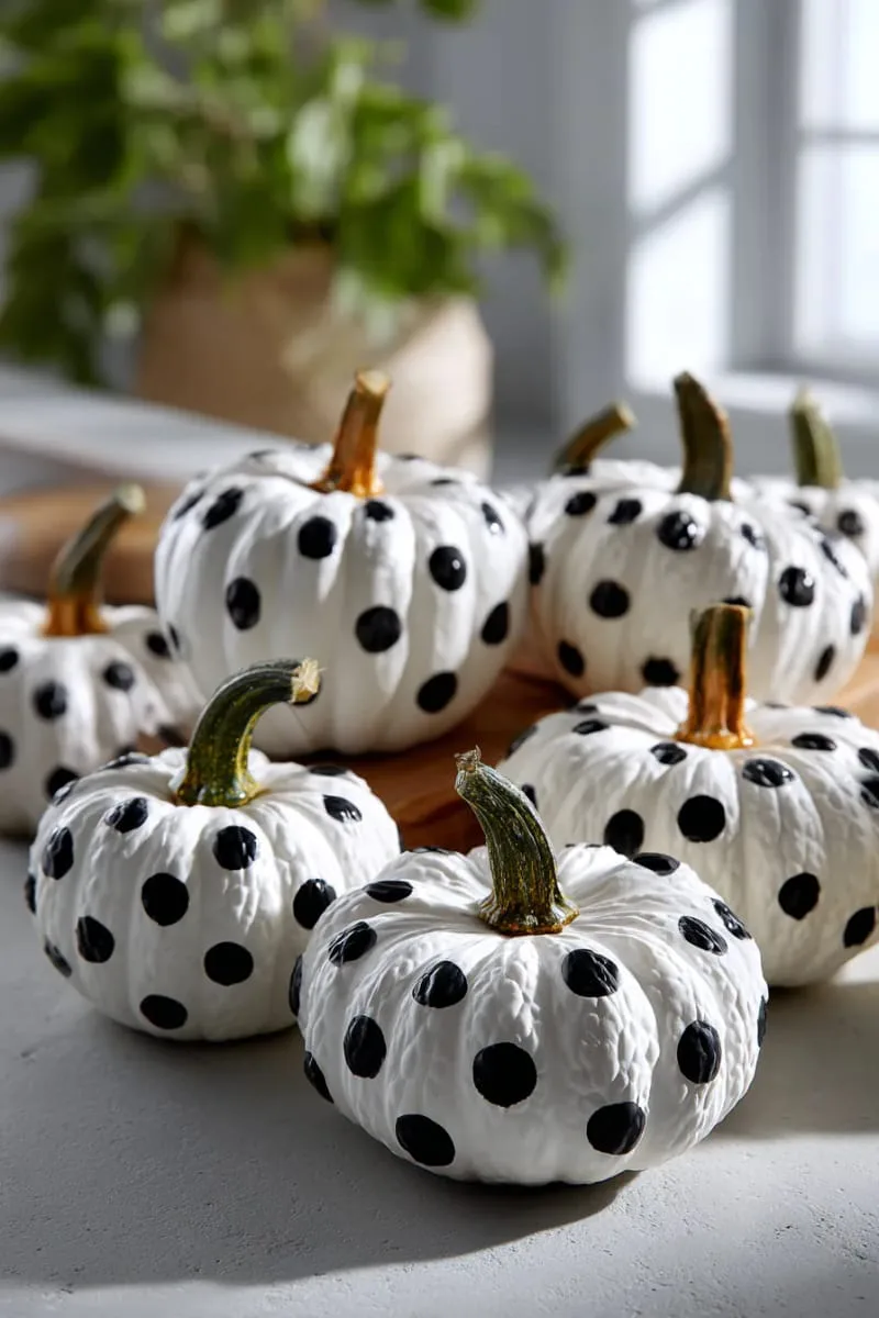 painted white pumpkins with black polka dots for chic, not spooky decor 1